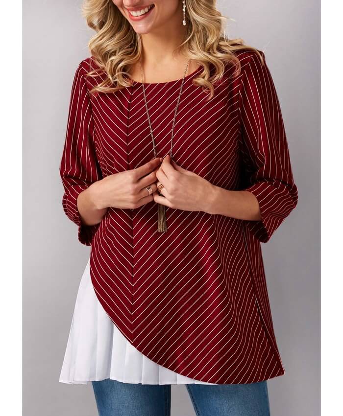 Pleated Wine Red Three Quarter Sleeve Blouse